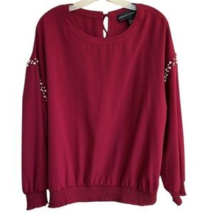 Colleen Lopez Dark Pink Long Sleeve Pearl Accent Blouse Size Large